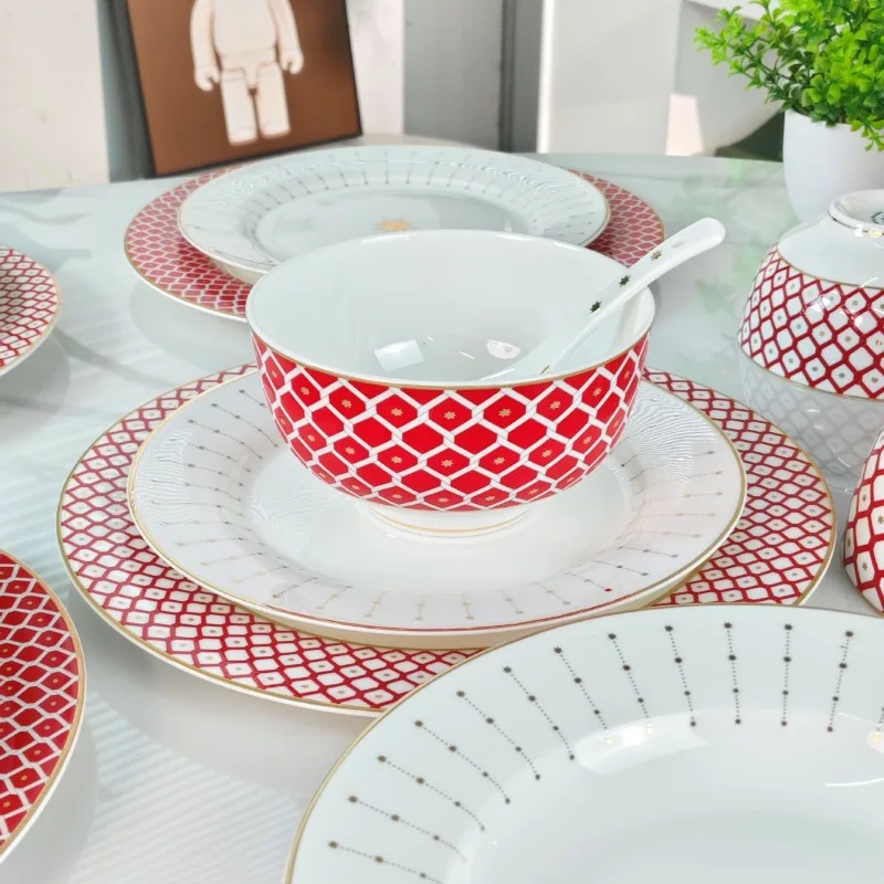 Bone China Light Luxury And High-End Feel New Year's Housewarming European-Style Tableware Bowls And Plates Set For Home Use