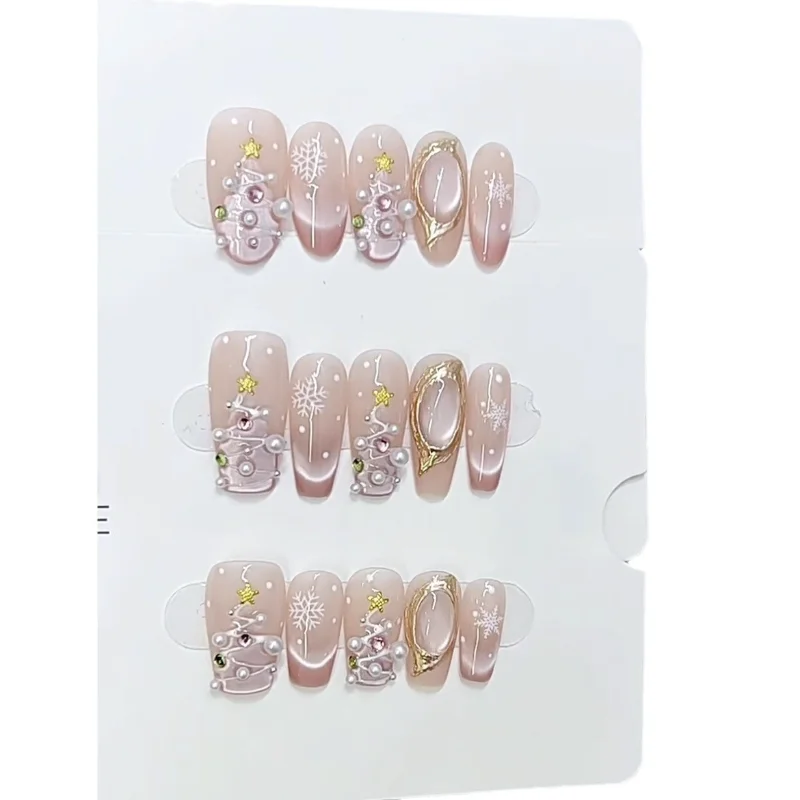 

Чистая ручная работа, фототерапия, ношение ногтей, рождественский ранний снег, модель кошачьего глаза, многоразовые съемные патчи для ногтей