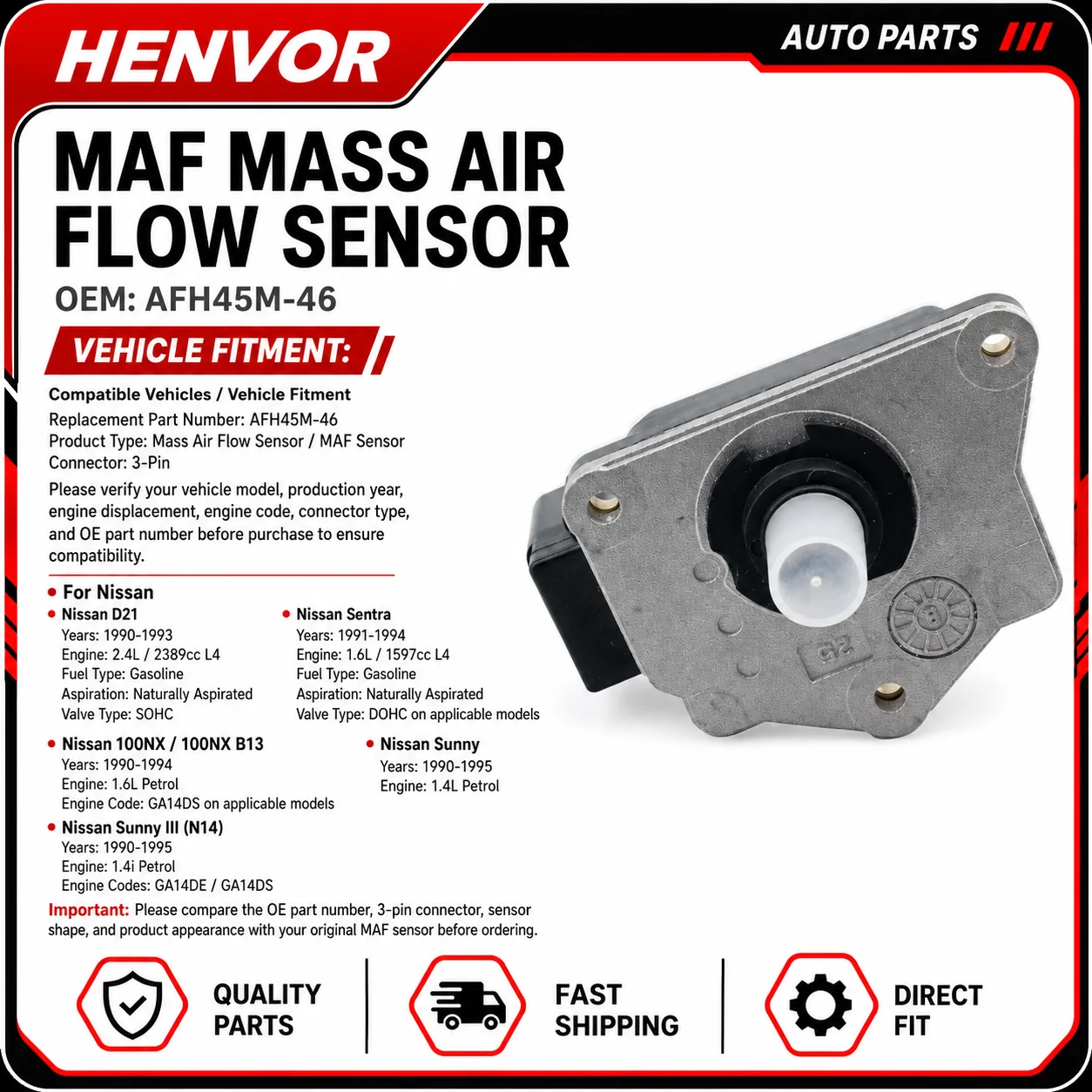 AFH45M-46 3-Pin Mass Air Flow Sensor MAF for Nissan D21 Sentra 100NX B13 Sunny N14 1.4L 1.6L 2.4L