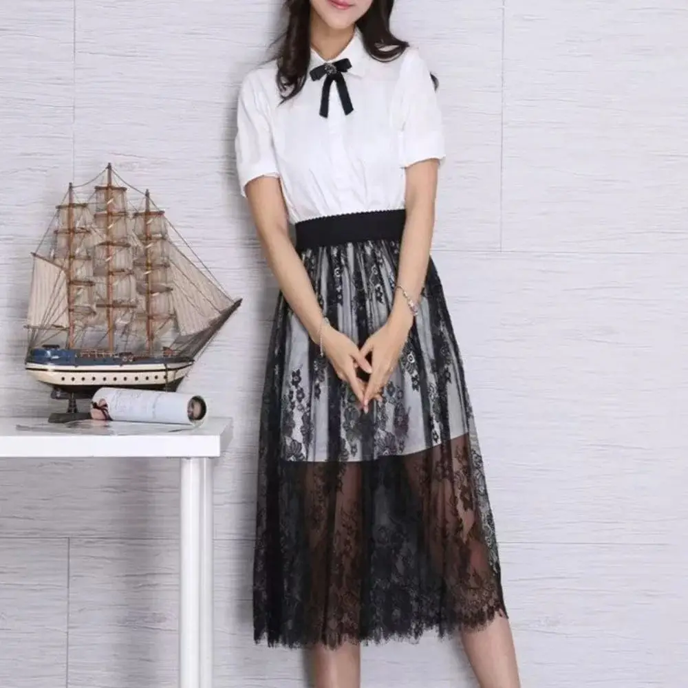 

Fashion A-Line Lace Mesh Skirt Transparent High Waist Korean Skirt Elastic Tulle Long Skirt for Summer