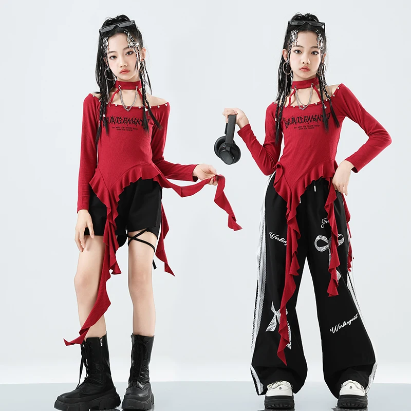 소녀 k-pop 불규칙한 자르기 탑 스트리트 댄스 카고 바지 소녀 그룹 의류 세트 키즈 재즈 귀여운 의상 어린이 힙합 streetwear