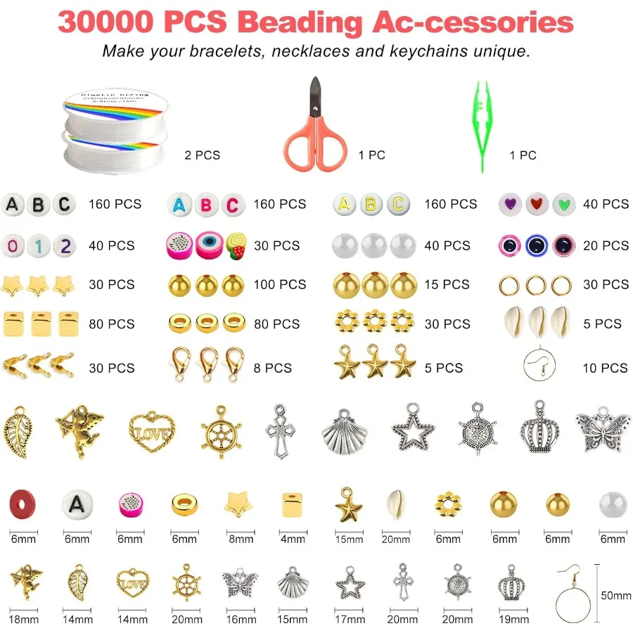 30000個の粘土ビーズブレスレット作成キット、9箱、192色、友情ブレスレットキット、ジュエリー作成用のフラットポリマークレイビーズ