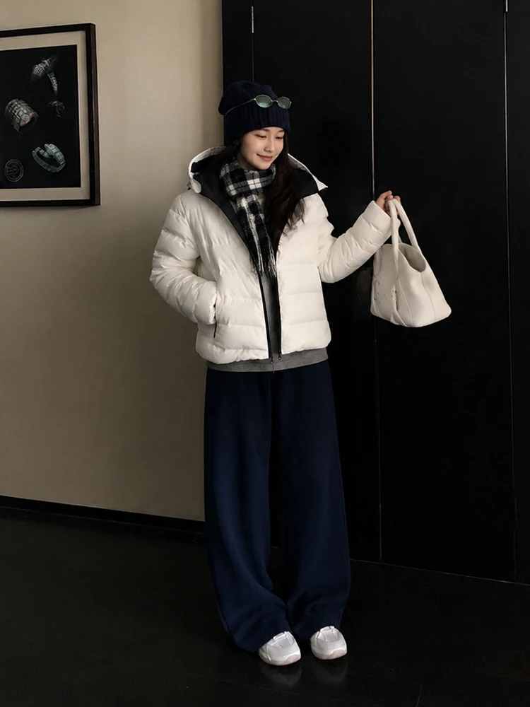 Winter Short Pork Rib Style Hooded Down Jacket Women White Duck Down Zipper Parker Outwear Female Outdoor Cold Proof Down Jacket