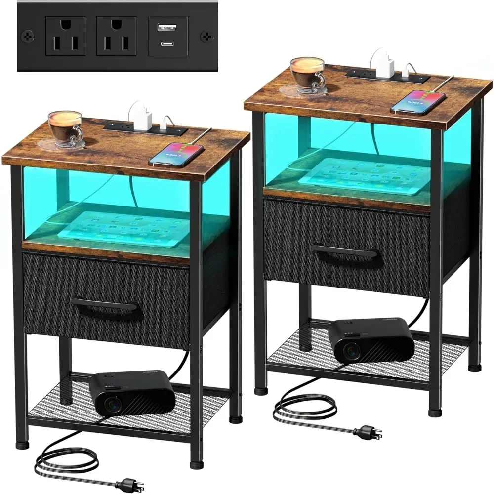 

Nightstands Set of 2 with Charging Station and Drawer, End Table Bedside Table with 20 Colors LED Light Strip and 2 Layers Shelf