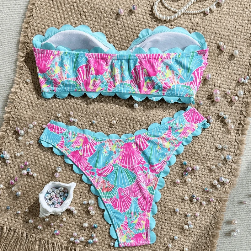 Sexy Strapless Bikini Flower Shell Swimsuit Cherry Leopard Print Two-piece Swimwear
