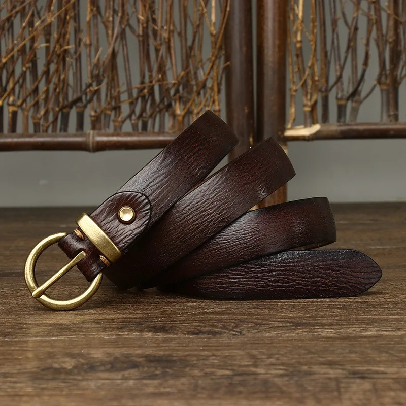 Versatile Embossed Leather Belt for Women, Genuine Cowhide Pin Buckle Jean Belt for Ladies