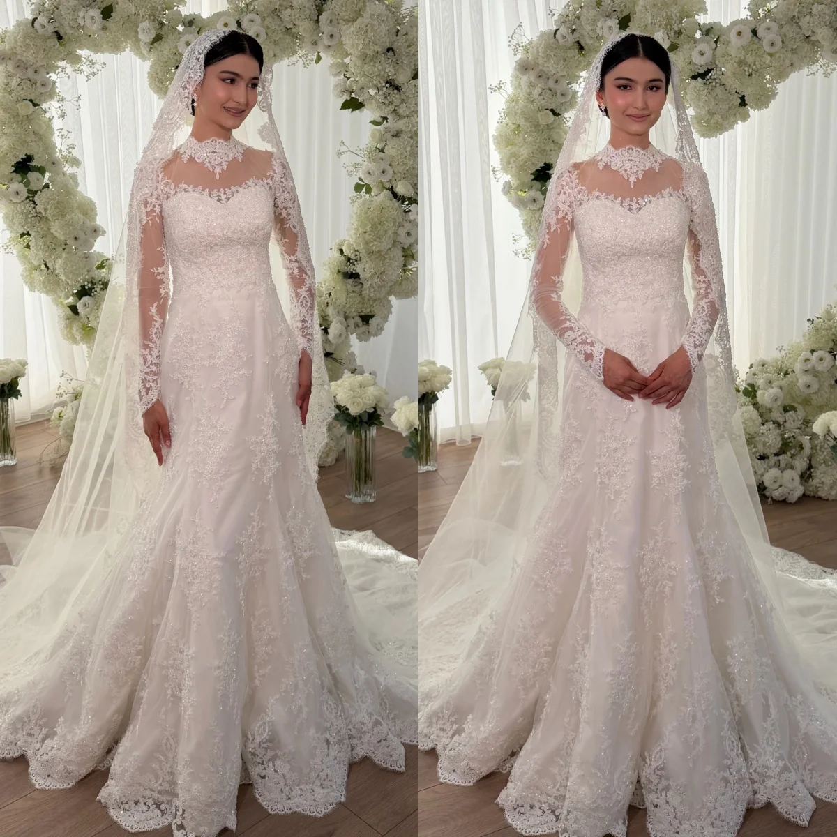 Elegant Lace Decal Mermaid Wedding Dress Muslim High Collar Long Sleeve Bride Dress Garden Wedding Party Dress Customization