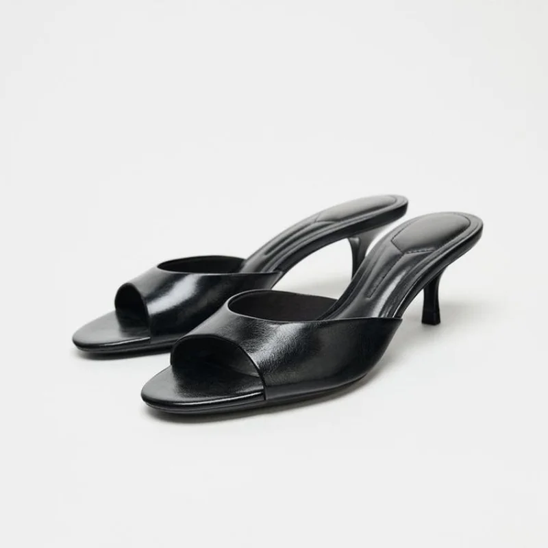 Schwarze Weiche Leder-Pantoletten mit Dünnem Absatz für Damen, Sexy Peep-Toe Slide-Sandalen für Sommerpartys, Elegante Designer-High-Heels