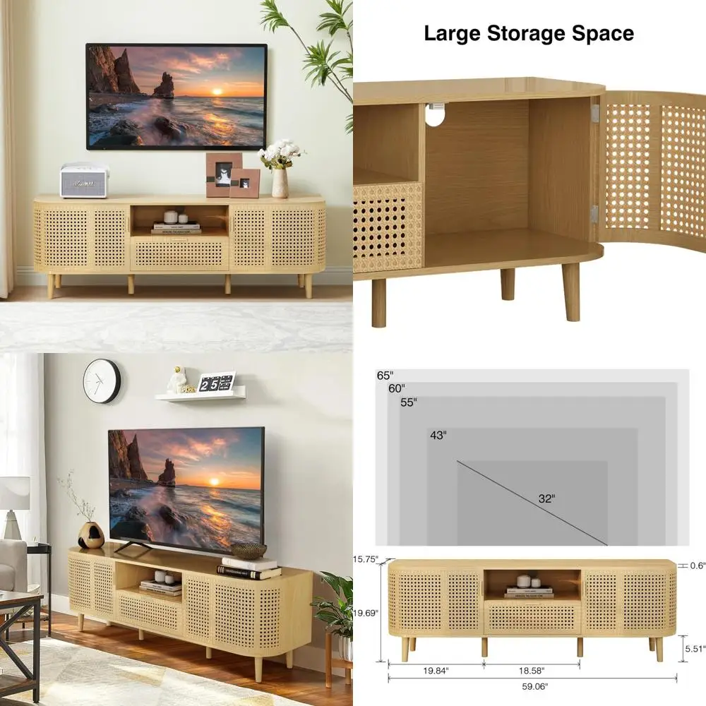 

Boho Style Wood TV Stand for 65 Inch TVs - Media Entertainment Center Console Table with Curved Iron Door