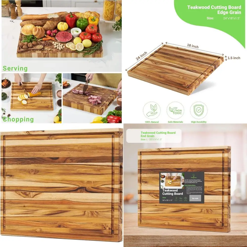 

Large Reversible Teak Butcher Block with Juice Groove and Handle, 24x18x1.5 Inches, for Kitchen, Meat, Veggie, and Cheese Cuttin