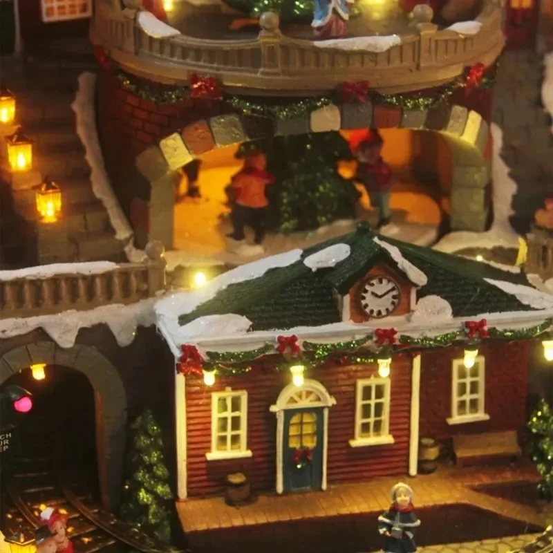 Christmas Decoration LED Animated Train Station Resin Musical Christmas village house with Rotating