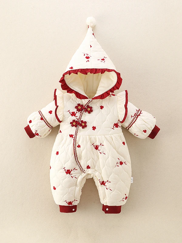 

Комбинезон с хлопковой подкладкой Thiened, зимняя одежда для маленьких девочек, теплая повседневная одежда с цветочным принтом, длинная застежка на одной пуговице с капюшоном