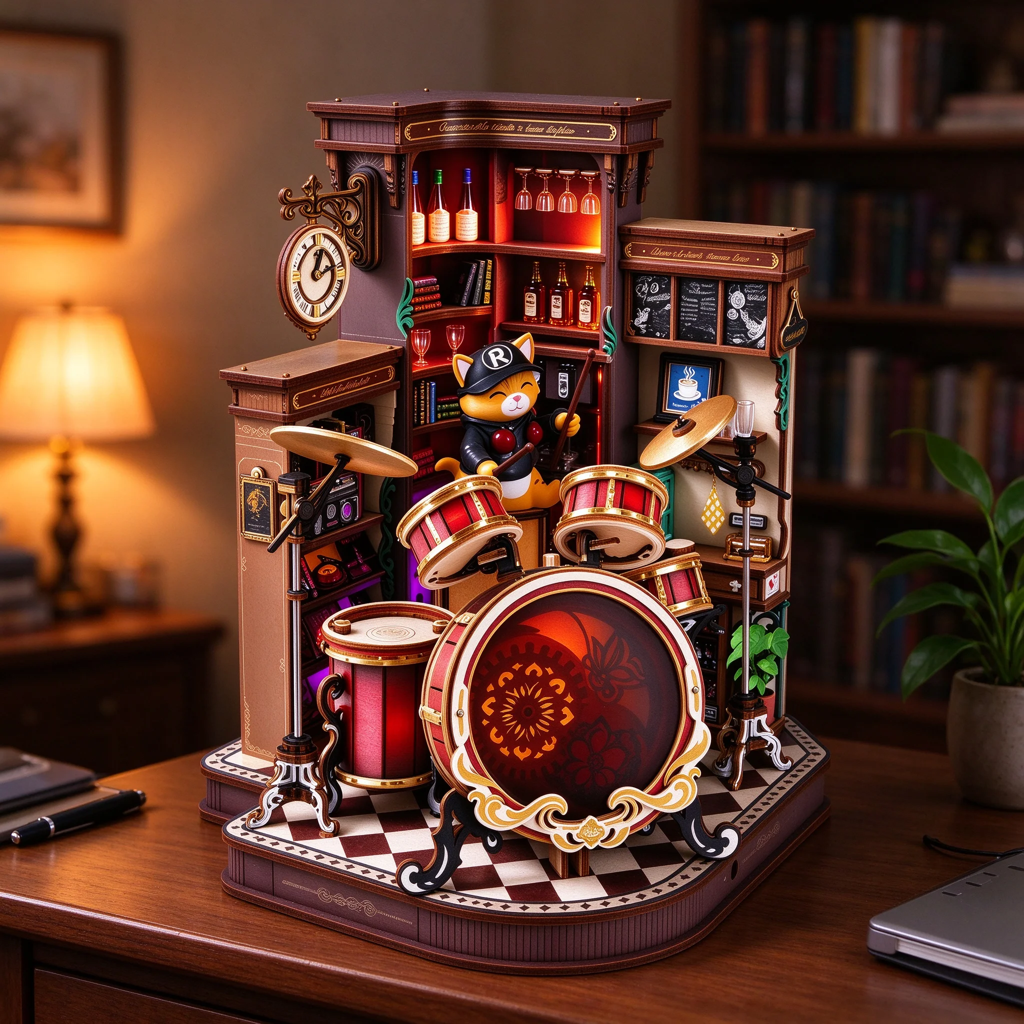 Jazz Drum Set 3D Wooden Puzzle DIY Music Box Kit with LED Light Interactive Bar Scene Desk Decor Gift for Music Lovers