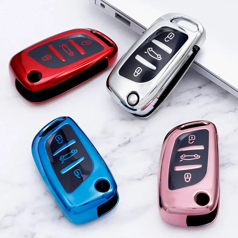 Novo tpu macio 3 botão do carro dobra caso chave completa capa para peugeot citroen c1 c2 c3 c4 c5 ds3 ds4 ds5 ds6 escudo da chave automóvel acessórios