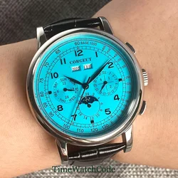 Corgeut Men's Automatic Watch 42mm Day Date Month Calendar Blue Dial Mechanical Wristwatch Day/Night Leather Strap Glass Back