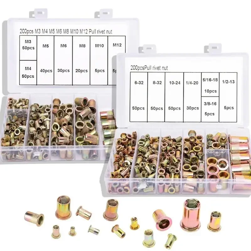 

Multipurpose 400Pcs Rivets Nut Assortment Set Sturdy Carbon Steel Threaded Inserts Accessory for Metal and Plastic