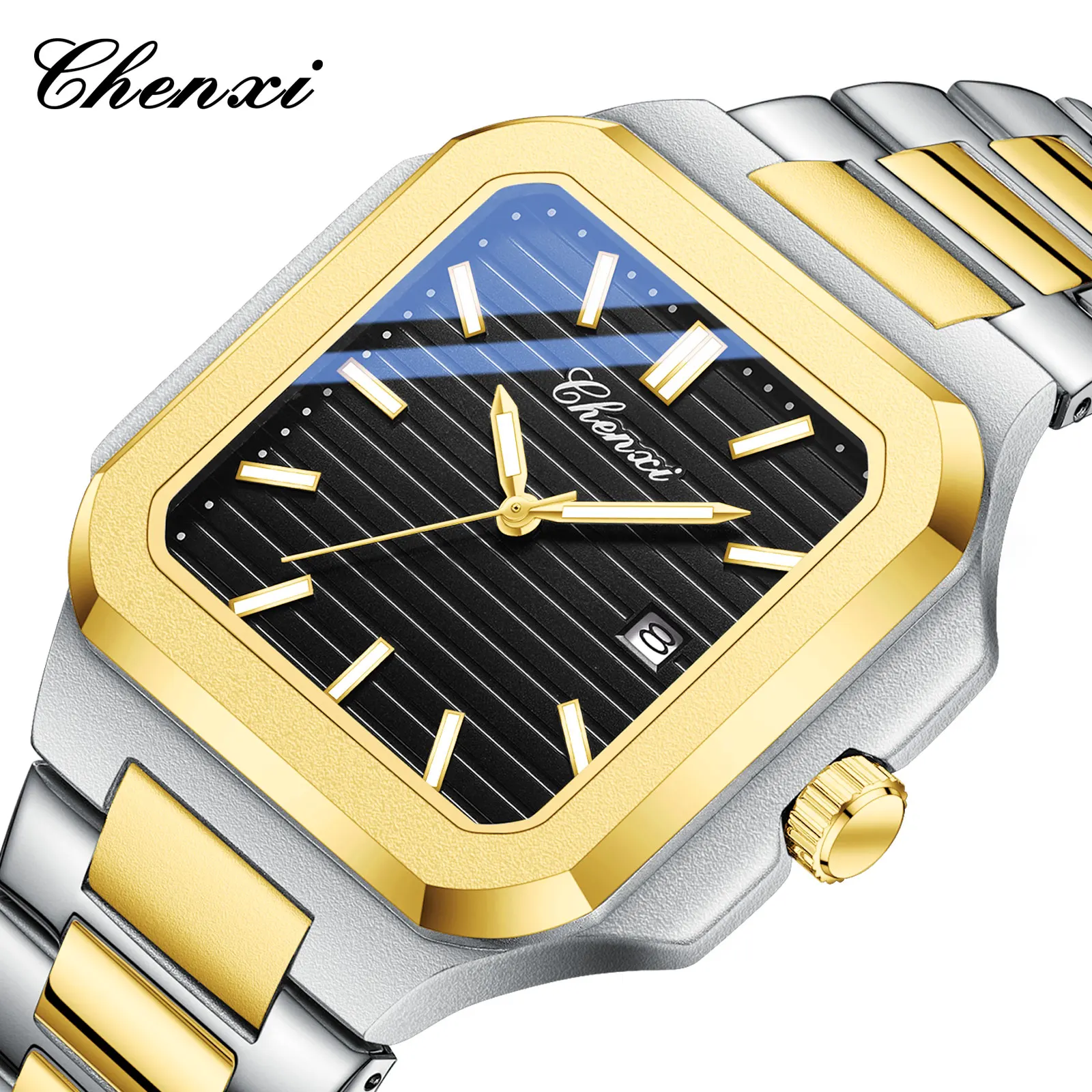 

CHENXI новые роскошные мужские золотые часы лучший бренд повседневные деловые часы с датой водонепроницаемые светящиеся мужские квадратные кварцевые часы из нержавеющей стали
