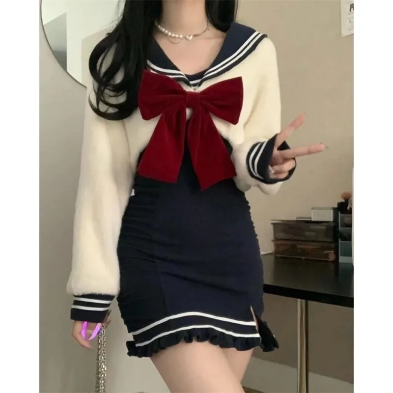 Mulheres com gola da marinha laço suéter e saia suspensório, terno Kawaii JK, doce uniforme escolar, azul escuro, Y2K, 4XL, outono, inverno