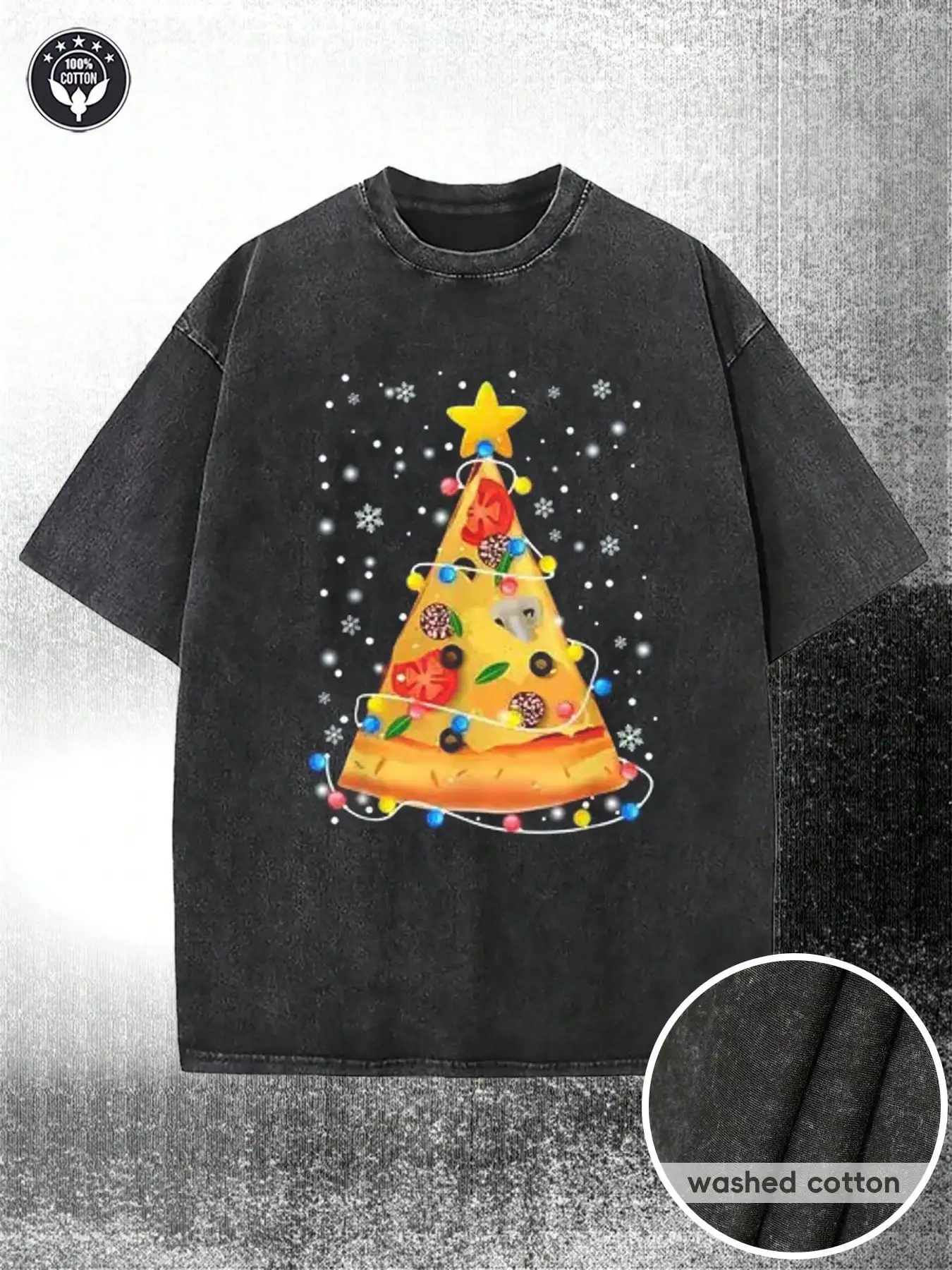 Washed-Shirt Black Washed Cotton-Shirt Featuring Pizza Tree Design With Snowflakes And Lights - Unisex, Oversized Fit, Festive & Ca