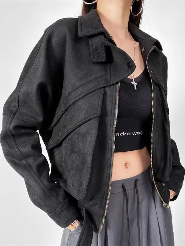 Keyanketian Cappotto versatile allentato da donna in pelle scamosciata retrò ort Jaet Hong Kong Sle Long Sve Chiusura con cerniera Colore