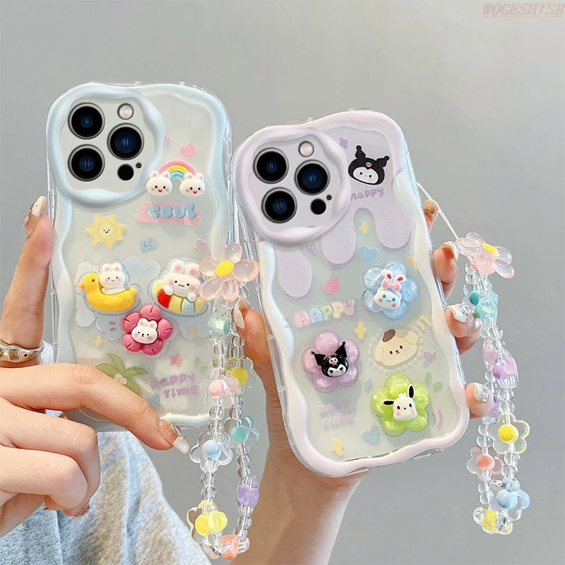 Kuromi Bear Rabbit Phone Case For iPhone 15 14 13 12 11 Pro Max X XR Xs Max 8 7 6s Plus SE2 SE3 Flowers Wrist Strap Curly Cover