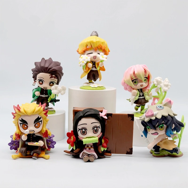 6-teiliges Set süßer Demon Slayer-Figuren, Geburtsblume, 9 cm große Anime-Figuren, Nezuko und Tanjiro, bewegliche PVC-Desktop-Ornamente