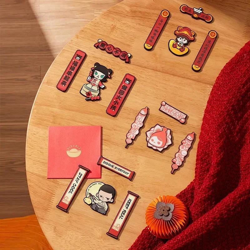 POP MART 부자 뱀의 새해 축하 시리즈-미니 스프링 커플렛 냉장고 자석 블라인드 박스 애니메이션 액션 피규어 장식품