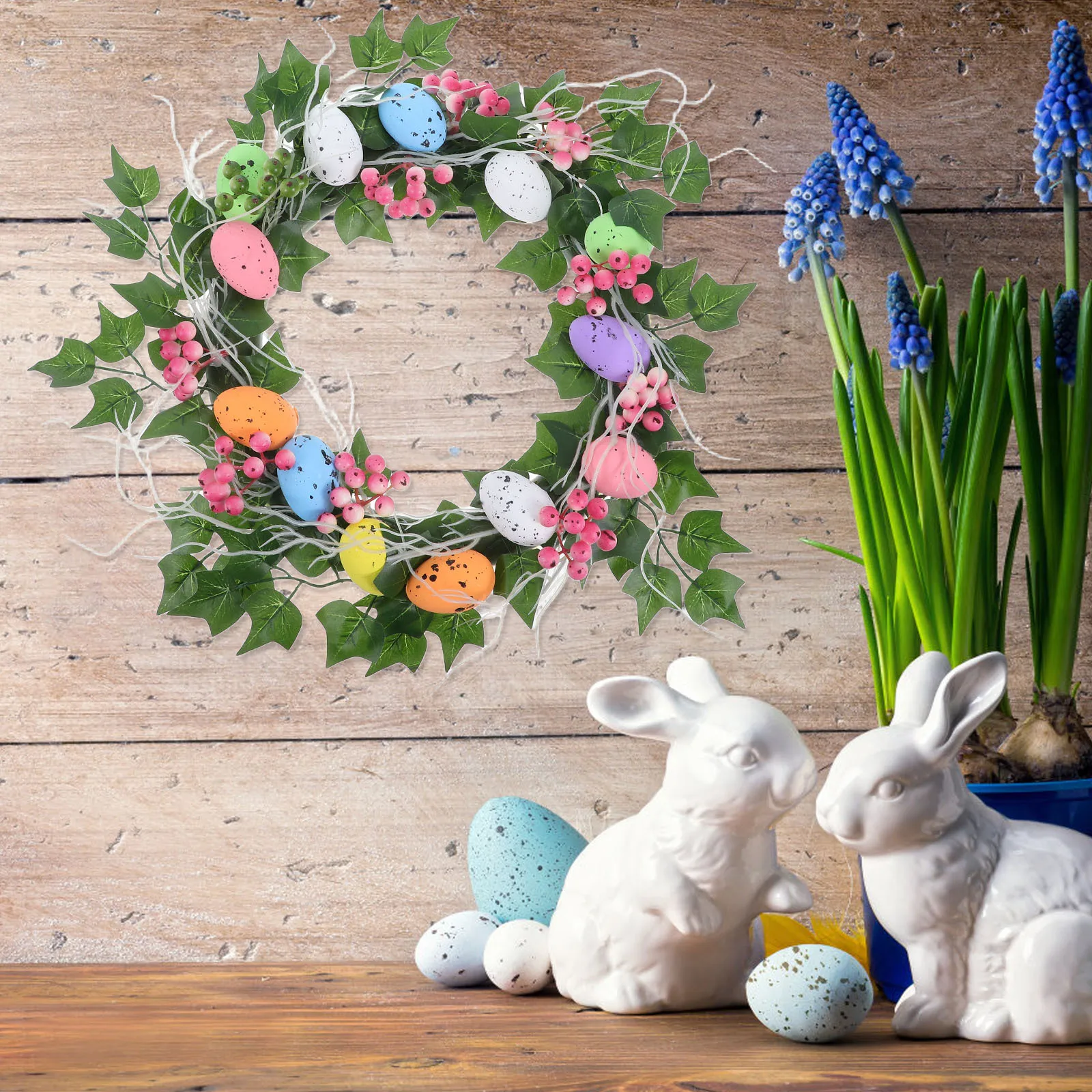 

Easter Rabbit Wreath with Lifelike Floral Greenery for Front Door Decor Hang Festive Easter Egg Wreath Artificial Home