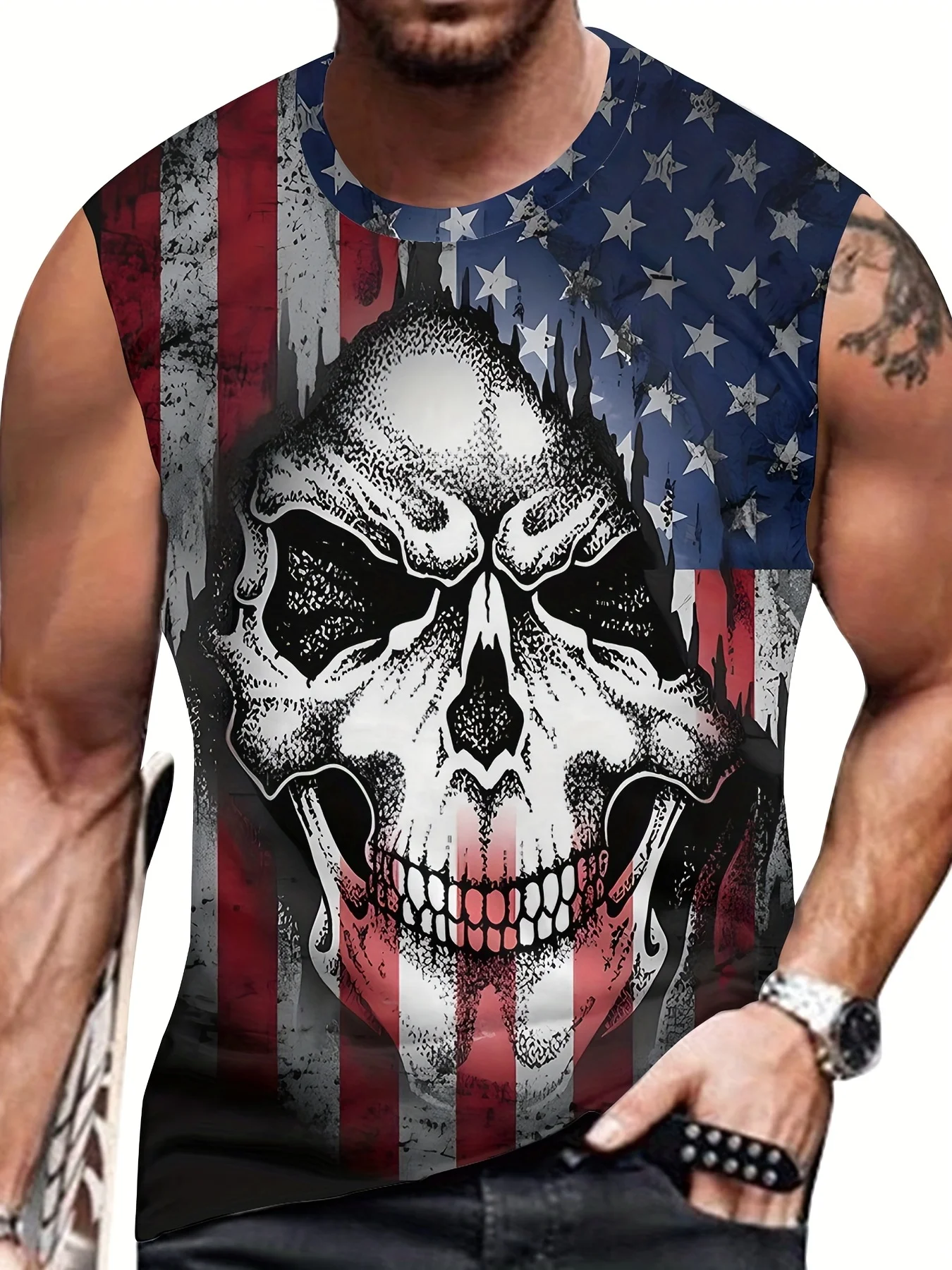 Plus Size Men's Casual Trendy USA Graphic Print Sleeveless Tank Tops, Summer Oversized Loose Vest For Fitness, Workout, Training