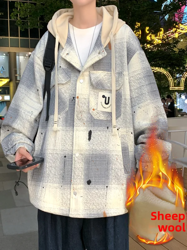 

Teenagers Hong Kong Sle Lamb Velvet Jaet Men's Autumn Winter New Loose Faion plus Size Hooded Coat Casual Windbreaker