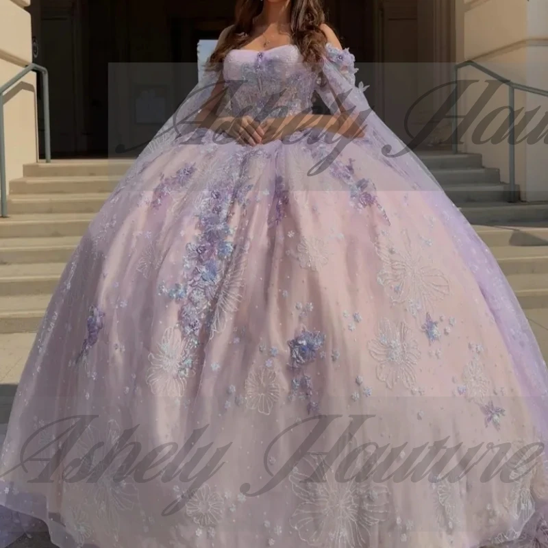 Dostosowane lawendowe sukienki księżniczki dla dziewczynek Quinceanera 15 16. Dziewczyna Kwiatowa aplikacja Tren typu Sweep Prom Sukienka na przyjęcie urodzinowe