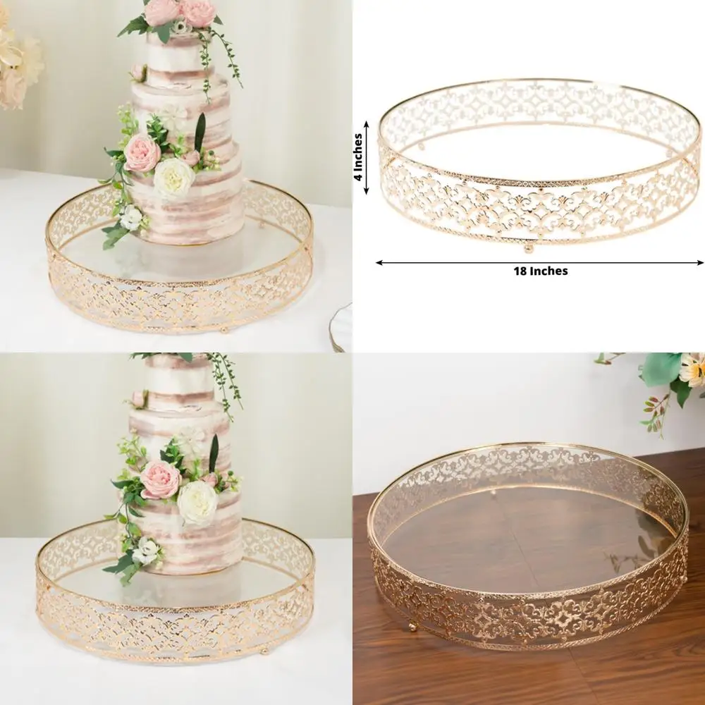 

Gold Baroque Style Ornate Cake Stand with Glass Top, Round Dessert Display Tray, 18-Inch