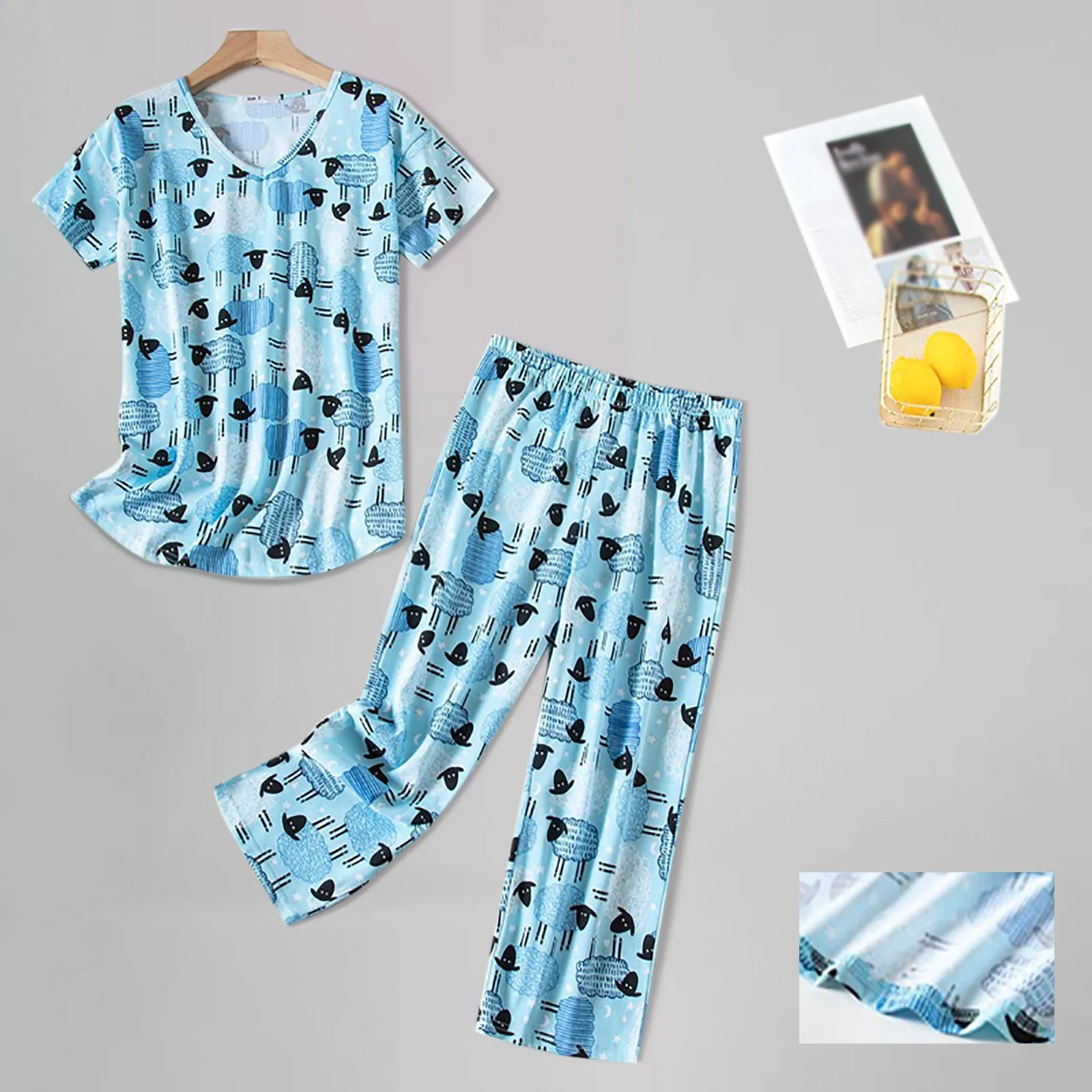 Women Cotton Pajamas Set Short Sleeve Top Capri Pants Sleepwear Summer Comfortable Silk Trousers Female Home Two Piece Set