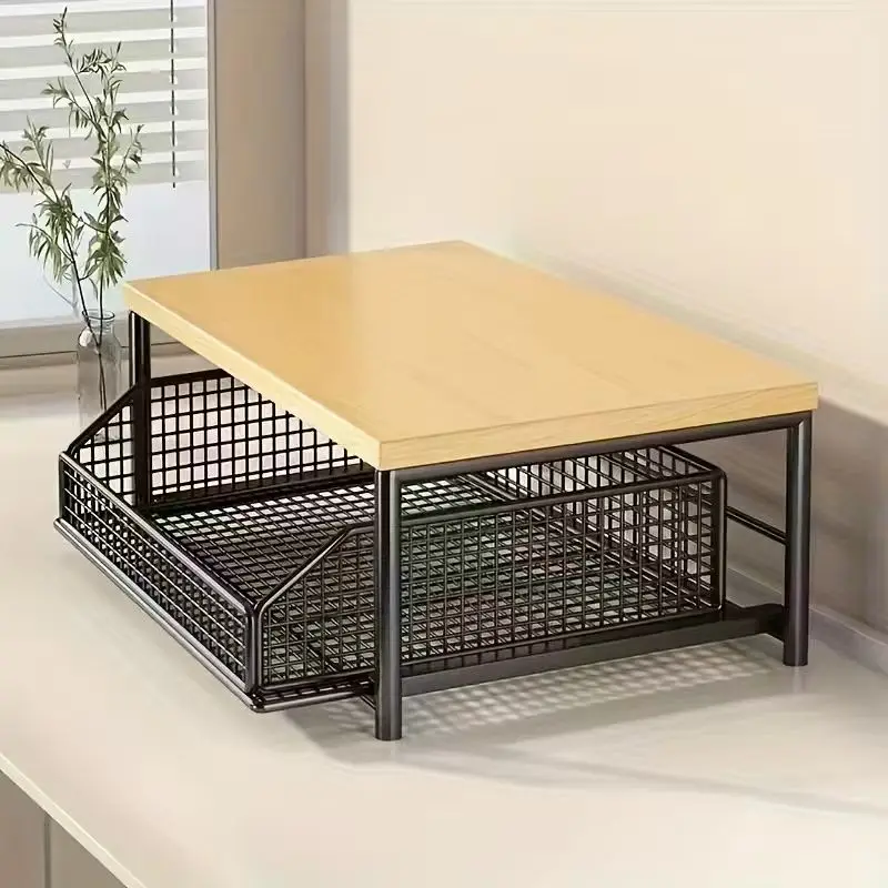 Estante para horno microondas de metal y madera con cajón extraíble, organizador de encimera multicapa para cafeteras y vajilla, 1 ud.