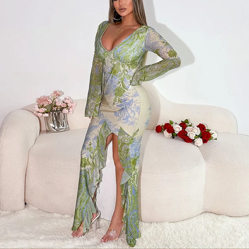 Autumn new style long dress Europe and the United States grace false slim split print long-sleeved irregular hem dress