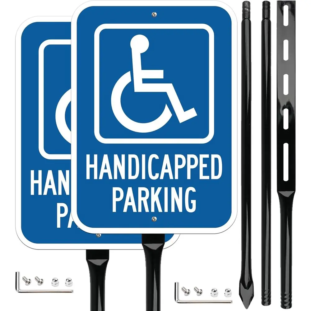 

Знак для парковки для инвалидов с металлическим кольцом-держателем 54 дюйма, 14x10 дюймов, из светоотражающего алюминия, с крепежом