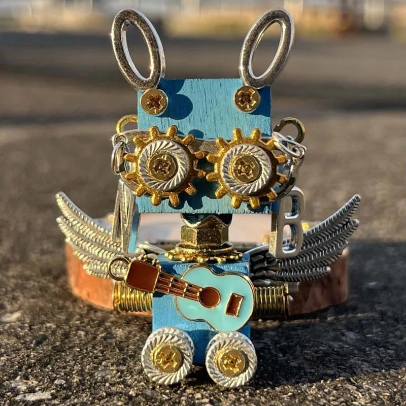 Mini Cyberpunk Steampunk Blue Angel Robot Ornament Handmade Finished Tabletop Decor Unique Christmas New Year Graduation Gift