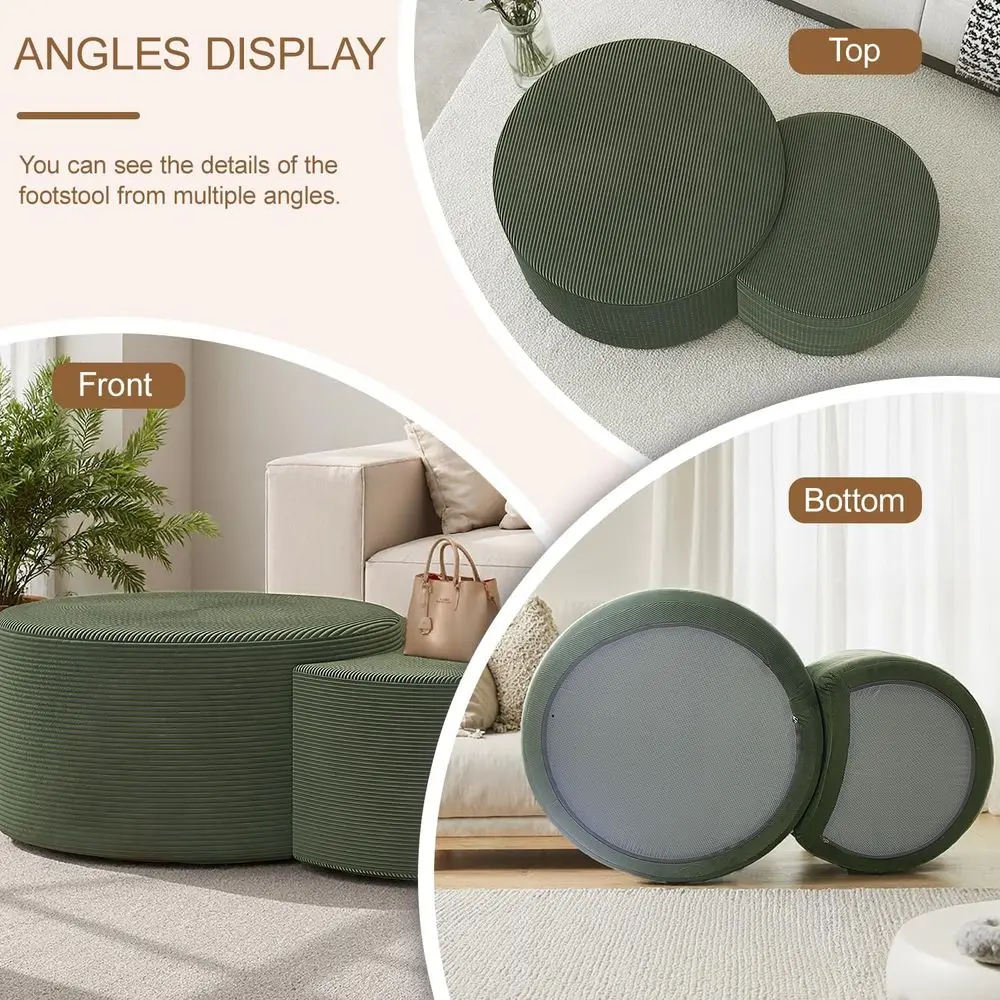 グリーンコーデュロイ張りの丸型オットマンのペア、32インチと17インチのリビングルームと玄関用サイドテーブル、フットレスト付き、組み立て不要