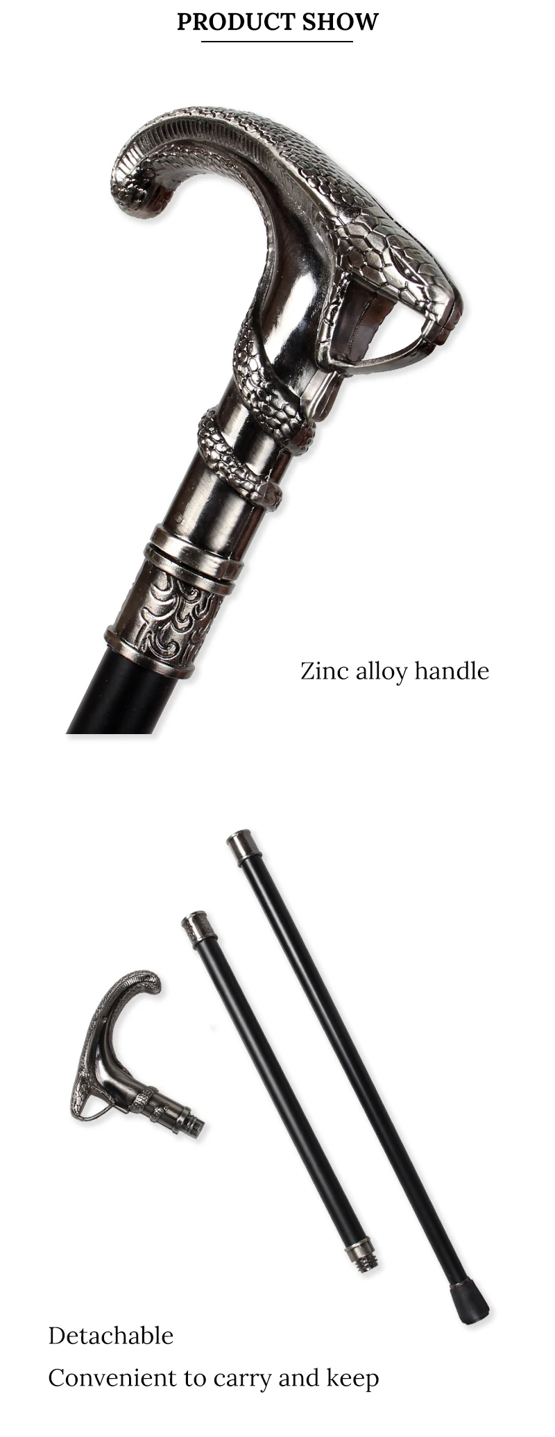 Vintage Silver Coiled Cobra Handle Walking Cane Detachable Walking Stick Cosplay Party Prop for Men And Women