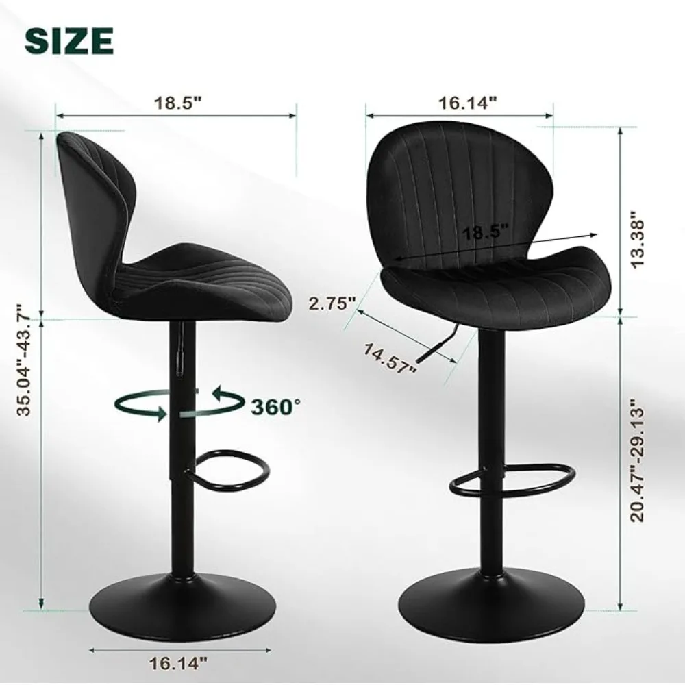 Modern Bar Stool 2-piece Set, Velvet Height Adjustable Rotating Bar Stool with Backrest and Footrest, Black