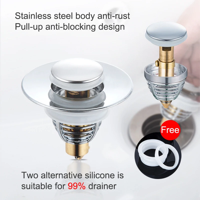 Universal Stainless Steel Basin Pop-Up Bounce Core Bathtub Stopper Sink Drain Basin Drain Filter Hair Catcher