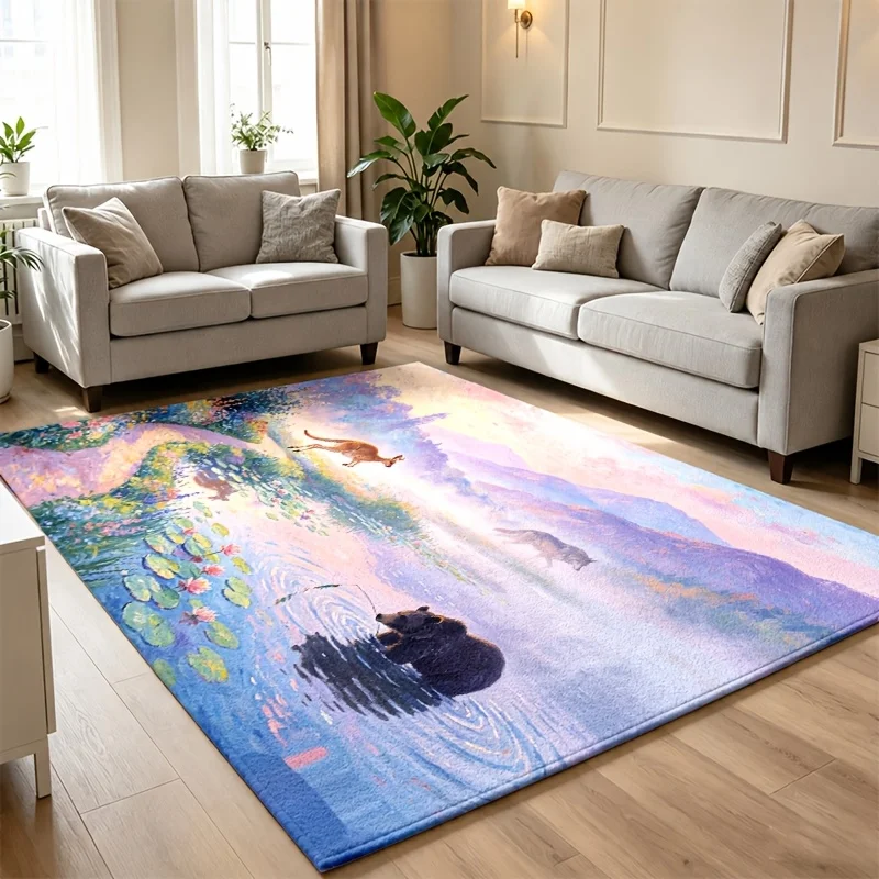 Impressionism Pond Wildlife Area Rug Water Lily Mountain Scenery Print Large Floor Rug Art Landscape Living Room Home Decor