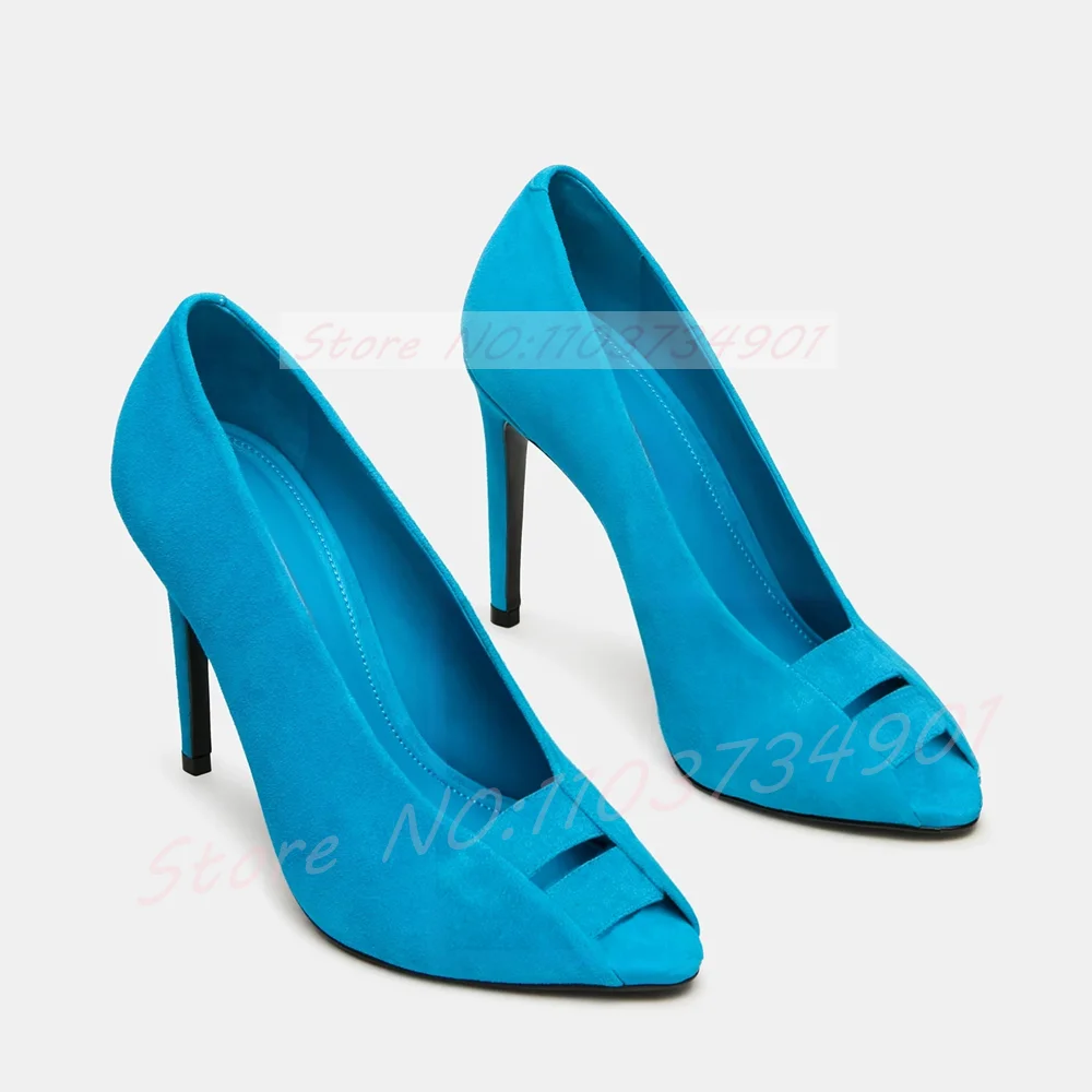 Blue Suede Open Peep-Toe Stiletto Pumps Women Double Straps Slip-On Dress Hollow Pumps Sexy Elegance High Heels Sandals