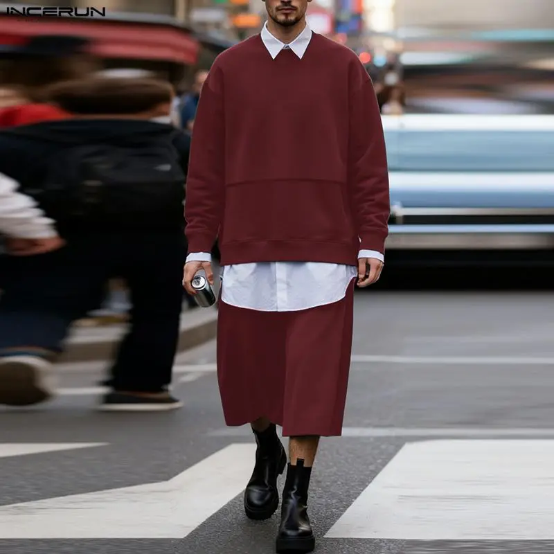 

Men Sets Solid Color O-neck Long Sleeve Hoodies & Calf-length Pants Two Pieces Sets INCERUN Streetwear Loose Fashion Men's Suits