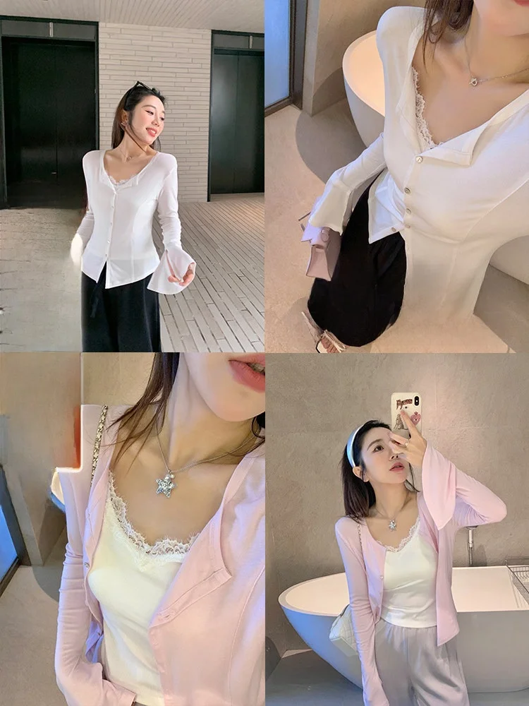 

Приталенный топ с длинными рукавами и V-образным вырезом, рукавами-колокол и боковыми разрезами, из легкой смеси модала и полиэстера, для повседневной носки, цветной