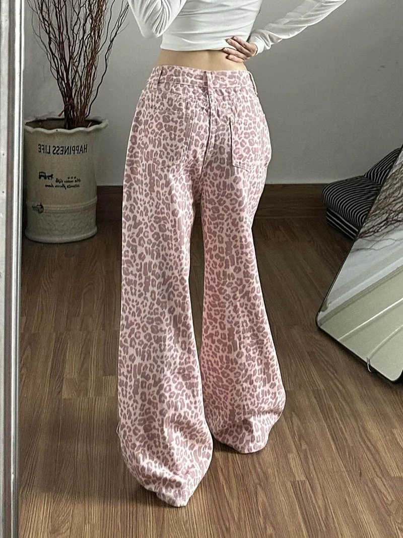 Pink Leopard Print Jeans Women's High Waist Loose Floor Length Denim Pants Retro Casual Streetwear Wide Leg Trousers