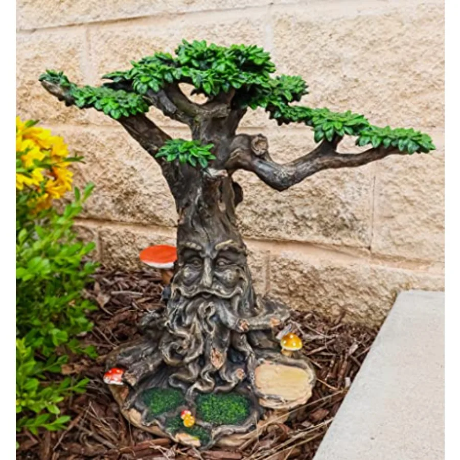 Miniature fairy garden display statue: resin, green, hand-painted enchanted forest spirit tree house with whimsical details for