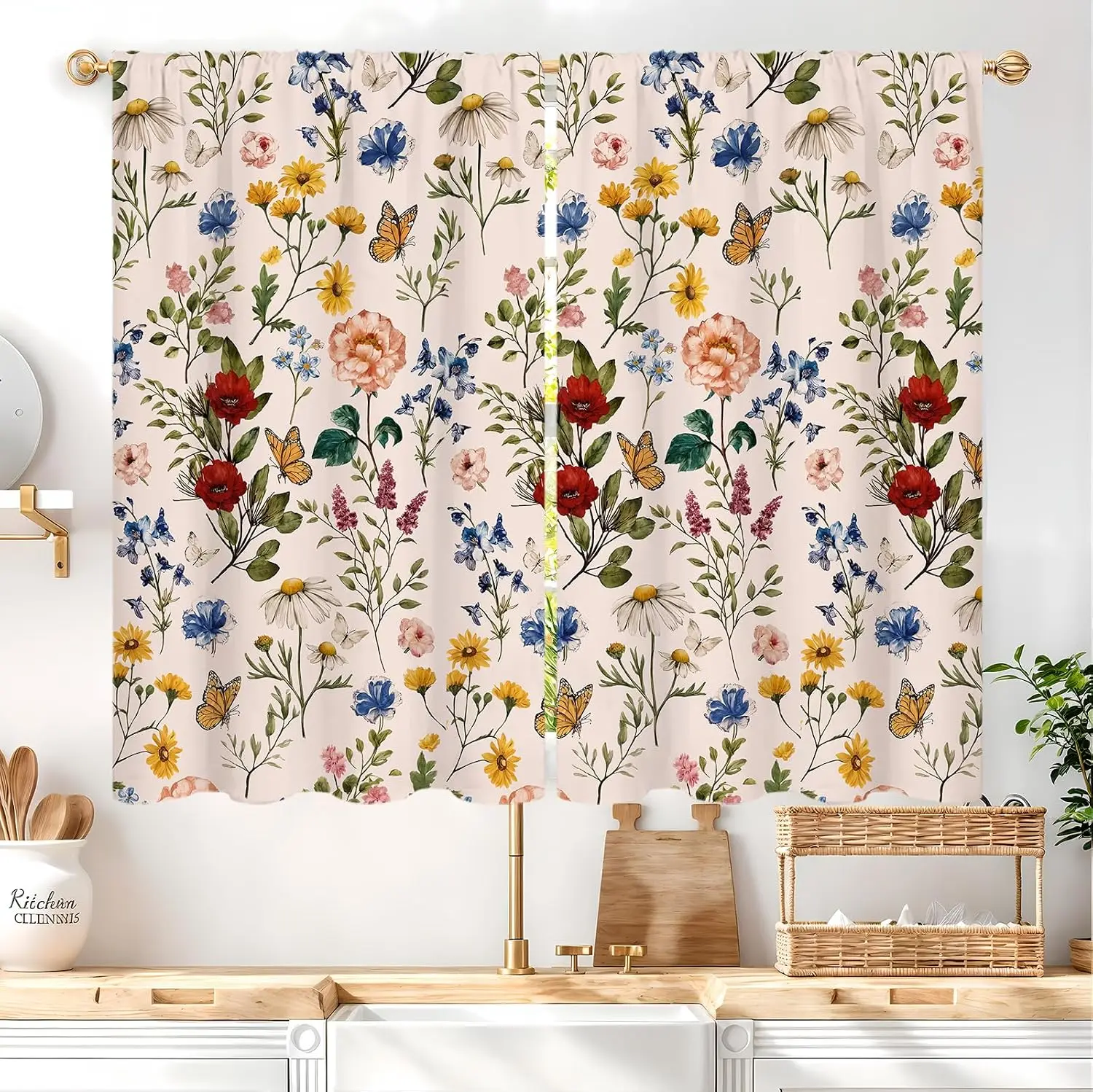 Watercolor Wildflower Butterfly Curtains 2 Panels, Mixed Daisy Rose Poppy Floral Pale Pink Base Drapes for Farmhouse Kitchen