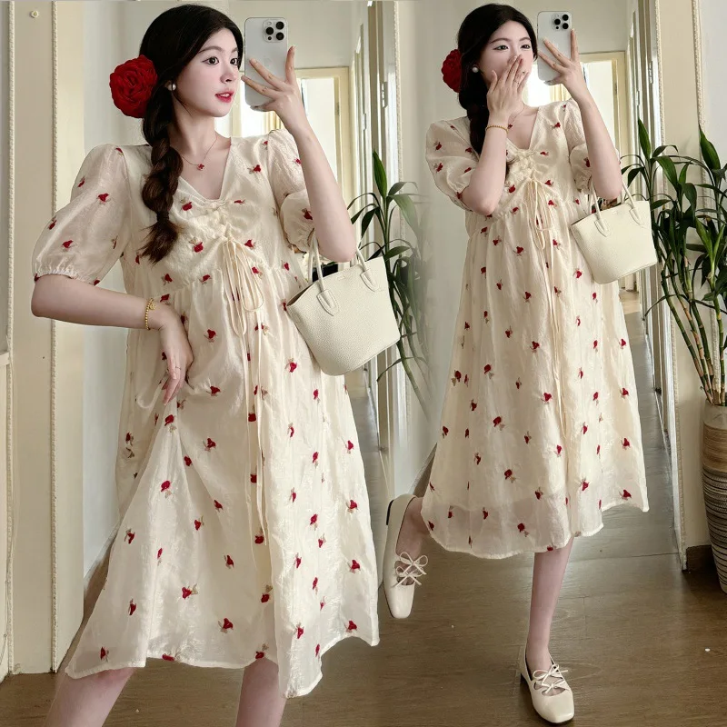 

French Style Maternity Dress Summer Elegant Ruffle Detail Loose Fit Vintage Dress for Stylish Pregnant Women Plus Size Available