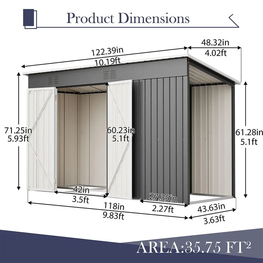 10x4 FT Metal Storage Shed Heavy Duty Steel Tool House Lockable Door Tall Entry Multifunctional Backyard Equipment, Customized